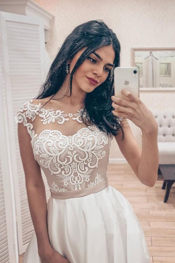 A Line Vintage Lace Bodice Bateau Corset Back Satin Wedding Dress TN256 - Tirdress