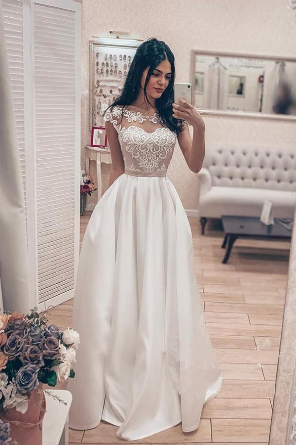 A Line Vintage Lace Bodice Bateau Corset Back Satin Wedding Dress TN256 - Tirdress
