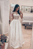 A Line Vintage Lace Bodice Bateau Corset Back Satin Wedding Dress TN256
