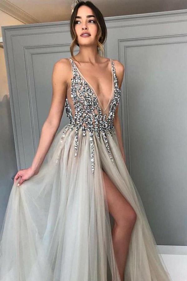Backless Grey Sexy Prom Dresses with Slit Beaded Evening Gowns  TP0883 - Tirdress