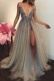 Backless Grey Sexy Prom Dresses with Slit Beaded Evening Gowns  TP0883 - Tirdress