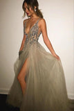 Backless Grey Sexy Prom Dresses with Slit Beaded Evening Gowns  TP0883 - Tirdress