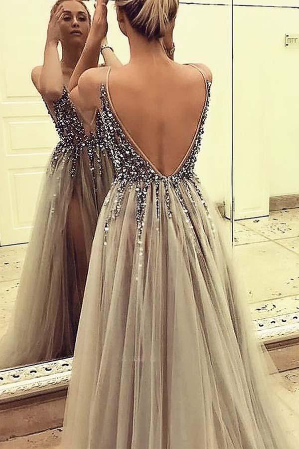 Backless Grey Sexy Prom Dresses with Slit Beaded Evening Gowns  TP0883 - Tirdress