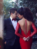 Long Lace Sleeves Illusion Back Red Mermaid Prom Dress With Lace TR0073 - Tirdress
