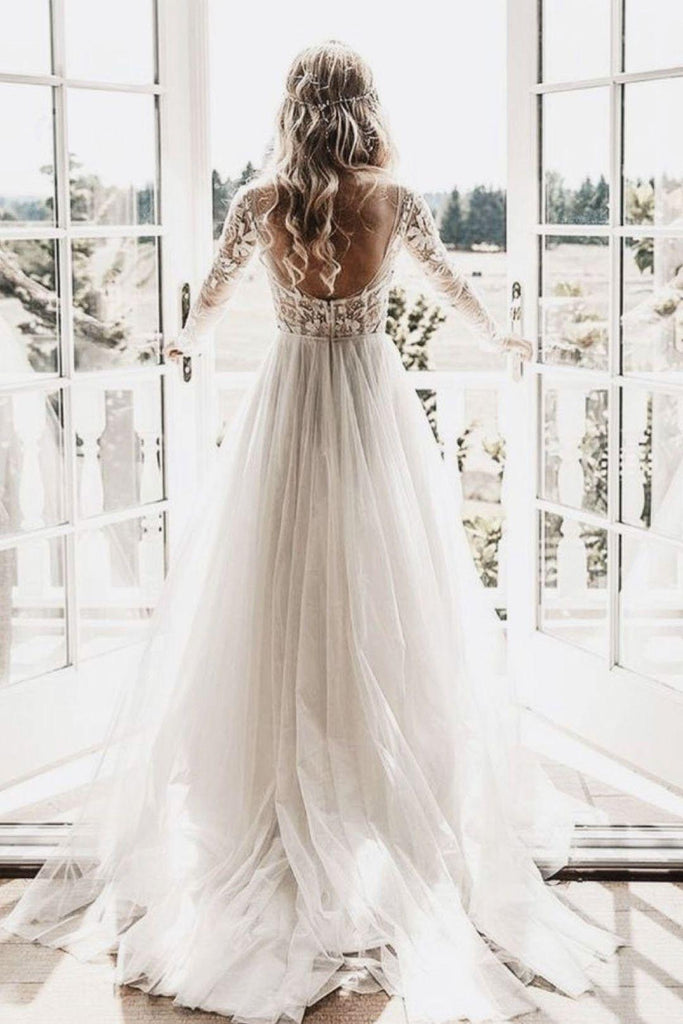 Long Sleeves Cheap Wedding Dresses, Sexy Backless A-line Bridal Dresse –  Tirdress