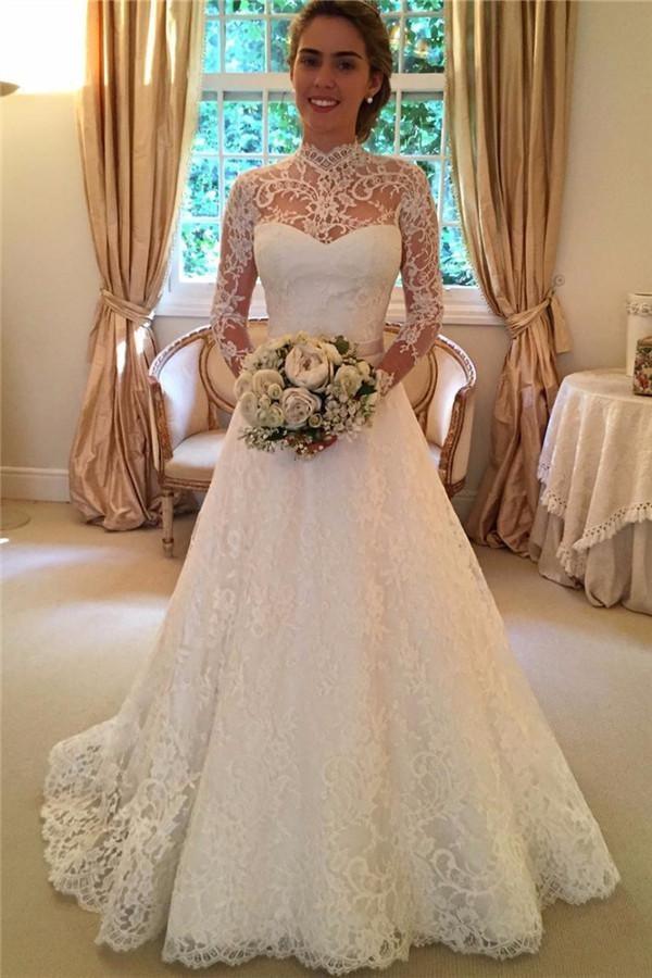 Long Sleeves Sweep Train Lace Wedding Dress With Bowknot Backless TN0070 - Tirdress