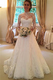 Long Sleeves Sweep Train Lace Wedding Dress With Bowknot Backless TN0070