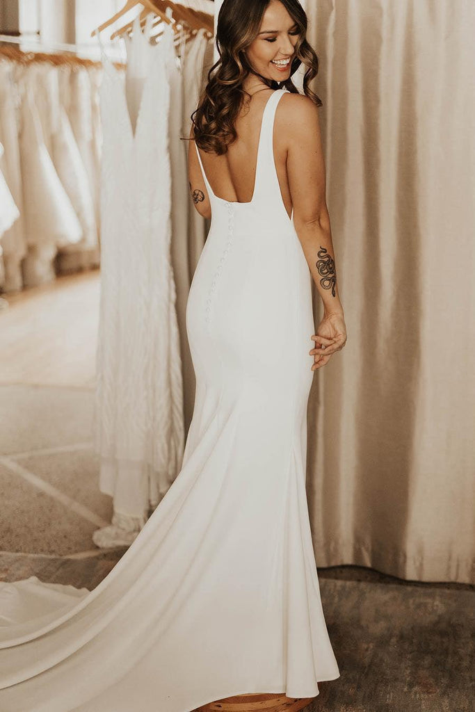 Long Square Neck Mermaid White Satin Wedding Bridal Dress TN331 - Tirdress
