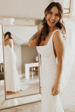 Long Square Neck Mermaid White Satin Wedding Bridal Dress TN331 - Tirdress