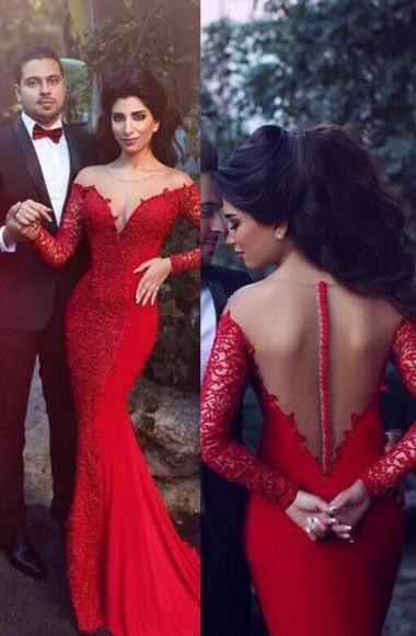 Long Lace Sleeves Illusion Back Red Mermaid Prom Dress With Lace TR0073 - Tirdress