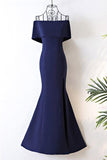 Longue robe de soirée sirène en satin bleu marine à épaules dénudées TD008