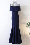 Long Navy Blue Satin Mermaid Forma/Prom Dress Off The Shoulder TD008 - Tirdress