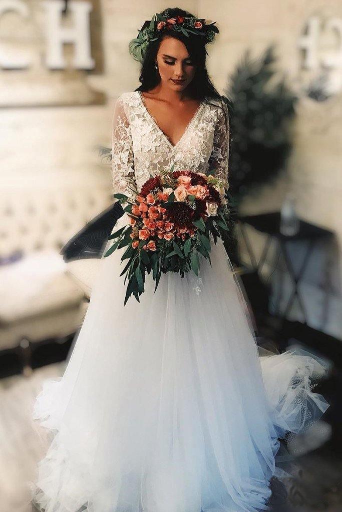 Long Sleeve Lace Tulle V Neck Boho Beach Wedding Dresses Rustic Bridal Dress TN166 - Tirdress