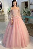 Long Sleeve Prom Dresses Pearl Pink Off The Shoulder Ball Gown Dress TP1059 - Tirdress
