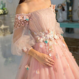 Long Sleeve Prom Dresses Pearl Pink Off The Shoulder Ball Gown Dress TP1059 - Tirdress