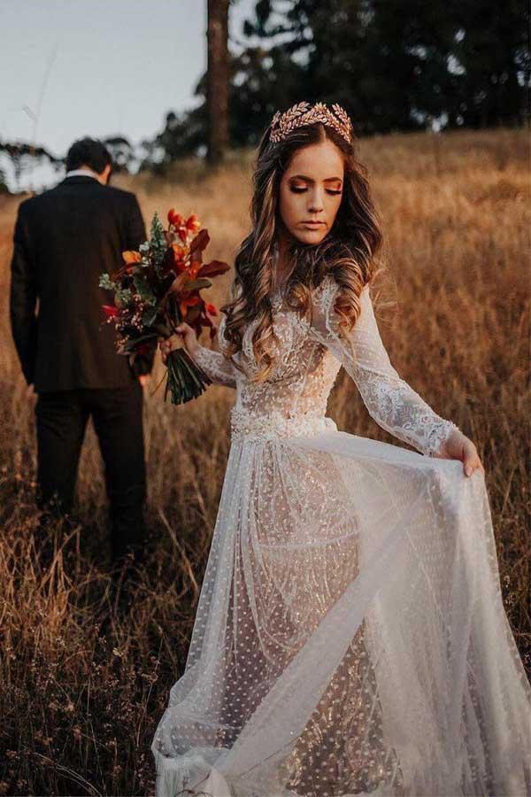 Long Sleeve V-neck Polka Dot Lace Open Back Boho Bridal Gown TN207 - Tirdress