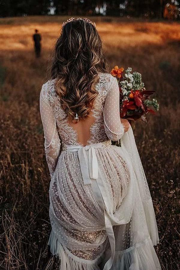 Long Sleeve V-neck Polka Dot Lace Open Back Boho Wedding Dress TN207 US0 / Ivory
