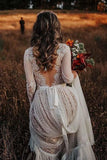Long Sleeve V-neck Polka Dot Lace Open Back Boho Bridal Gown TN207 - Tirdress