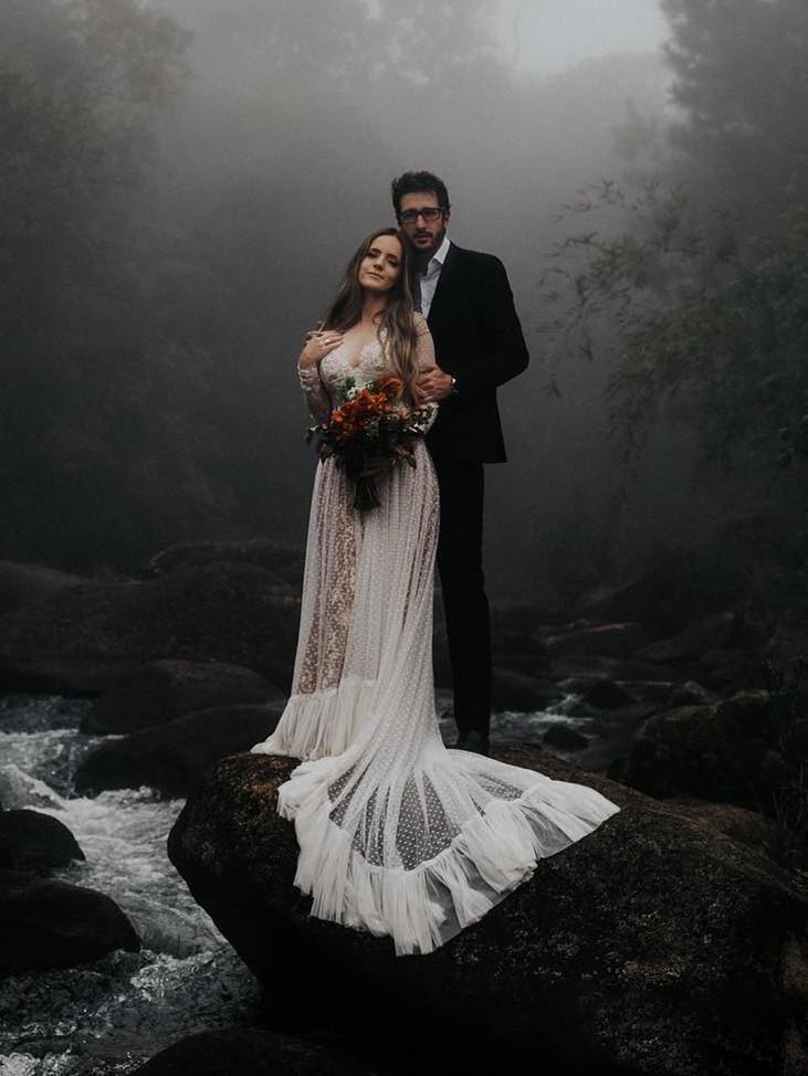 Long Sleeve V-neck Polka Dot Lace Open Back Boho Bridal Gown TN207 - Tirdress
