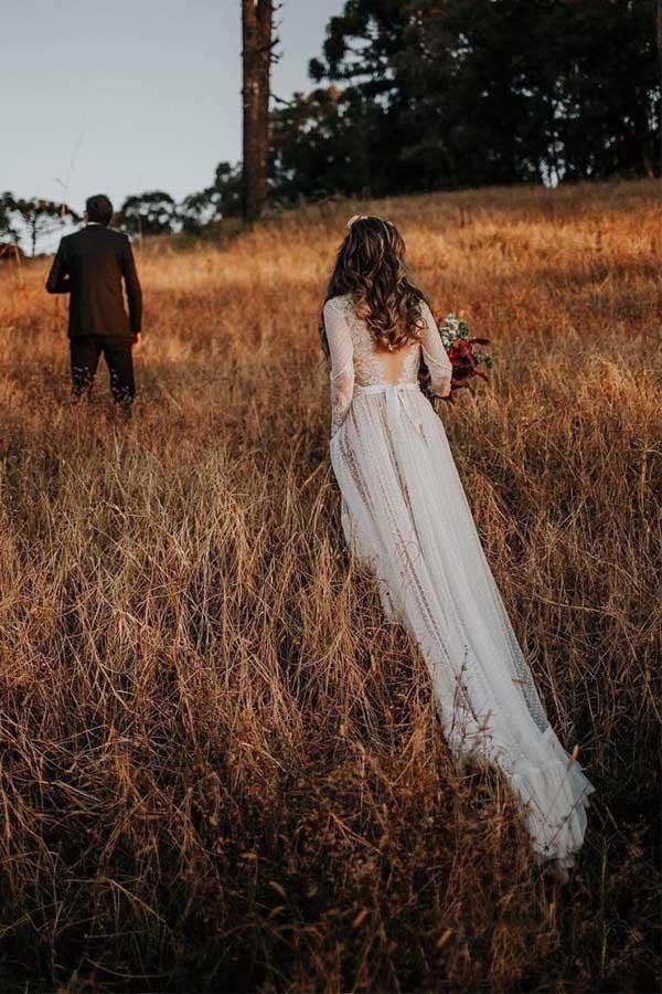 Long Sleeve V-neck Polka Dot Lace Open Back Boho Bridal Gown TN207 - Tirdress