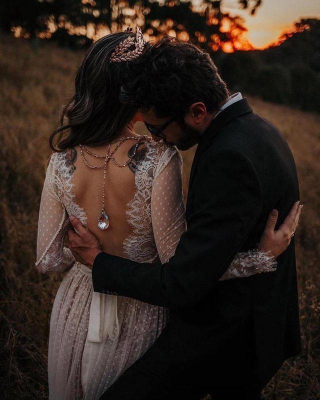 Long Sleeve V-neck Polka Dot Lace Open Back Boho Bridal Gown TN207 - Tirdress