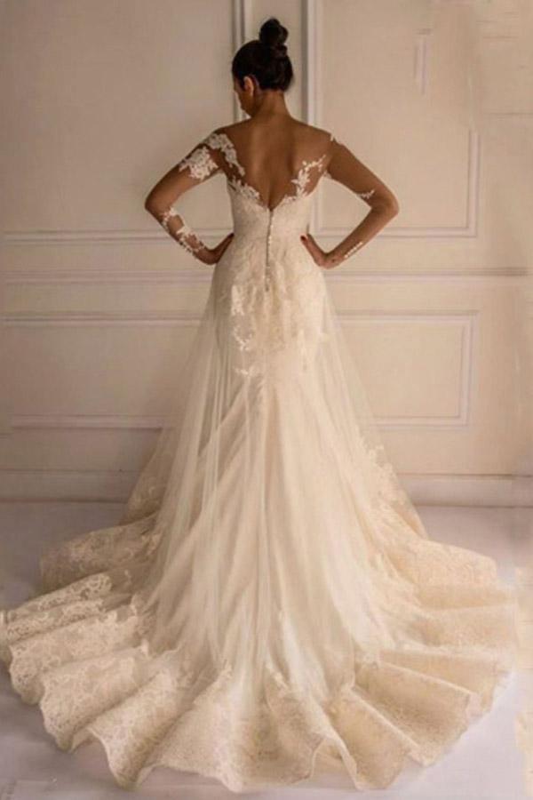 Long Sleeves Appliques Button Floor-Length Mermaid Wedding Dress WD151 - Tirdress