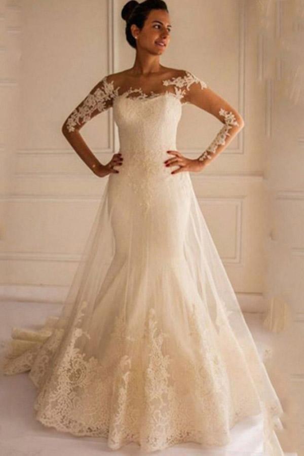 Long Sleeves Appliques Button Floor-Length Mermaid Wedding Dress WD151 - Tirdress
