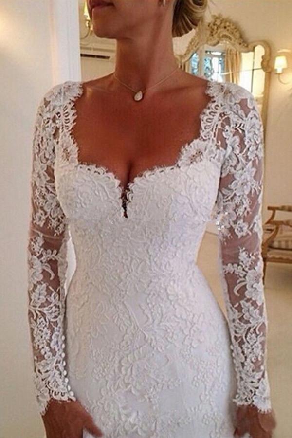 Long Sleeves Appliques Lace Wedding Dresses Chapel Bridal Gown TN0054 - Tirdress