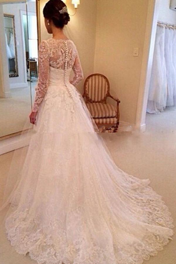 Long Sleeves Appliques Lace Wedding Dresses Chapel Bridal Gown TN0054 - Tirdress
