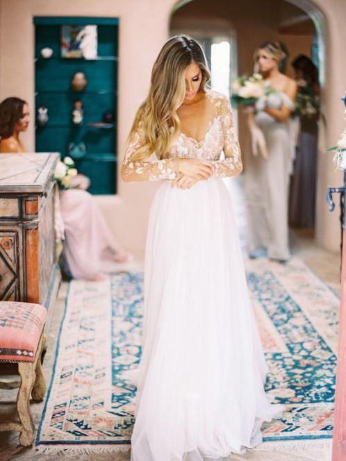 Long Sleeves Cheap Wedding Dresses, Sexy Backless A-line Bridal Dresses TN238 - Tirdress