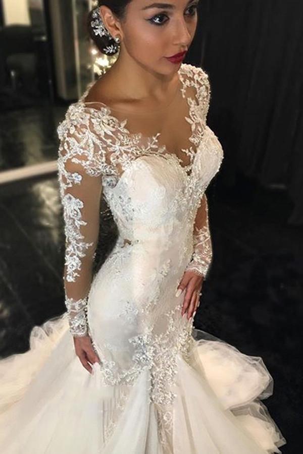 Long Sleeves Court Train Ivory Wedding Dress With Lace Appliques WD037 - Tirdress