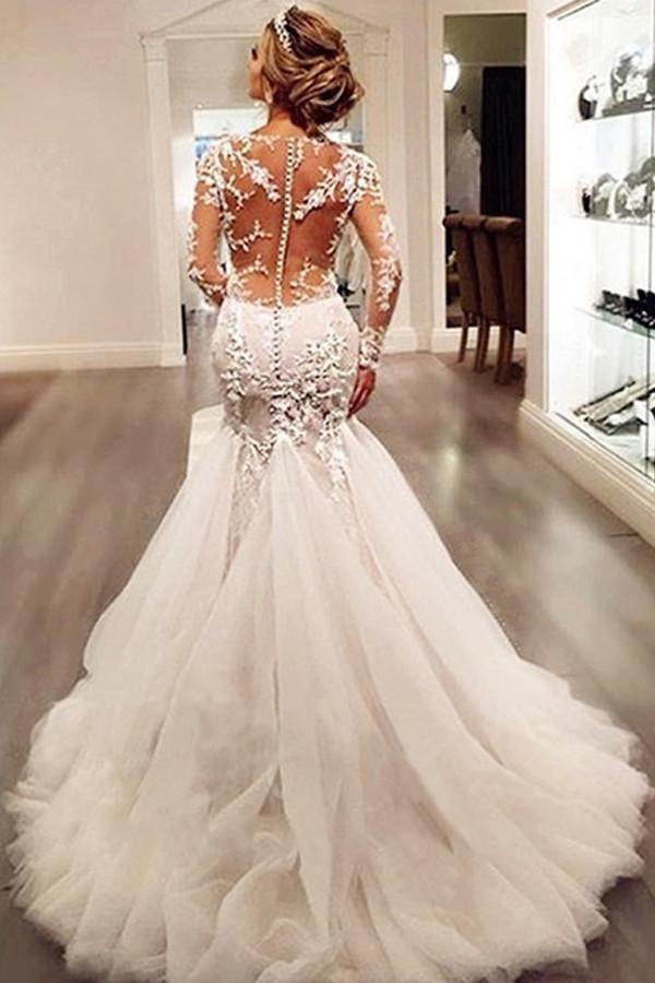 Robe de mari e ivoire manches longues avec appliques en dentelle WD037