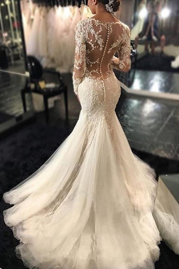 Long Sleeves Court Train Ivory Wedding Dress With Lace Appliques WD037 - Tirdress