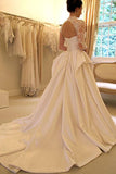Long Sleeves High Neck Lace Court Train Satin Wedding Dress WD159 - Tirdress