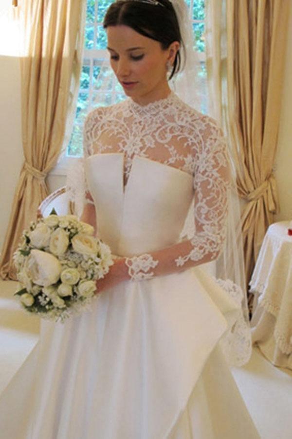 Long Sleeves High Neck Lace Court Train Satin Wedding Dress WD159 - Tirdress