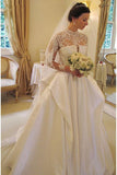 Long Sleeves High Neck Lace Court Train Satin Wedding Dress WD159 - Tirdress