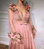 Long Sleeves V Neck 3D Flowers Pink Prom Dresses Formal Dresses TP0900 - Tirdress