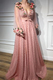 Long Sleeves V Neck 3D Flowers Pink Prom Dresses Formal Dresses TP0900