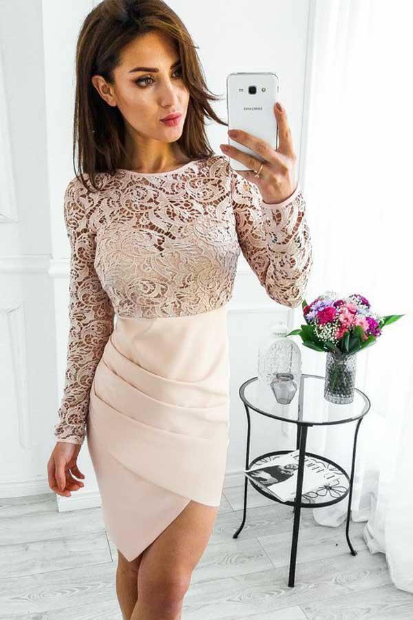 Long Sleeves Pearl Pink Satin Homecoming Dress with Lace PG199 - Tirdress