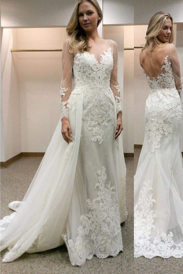 Long Sleeves Sheath Wedding Dress with Lace Detachable Train WD060 - Tirdress