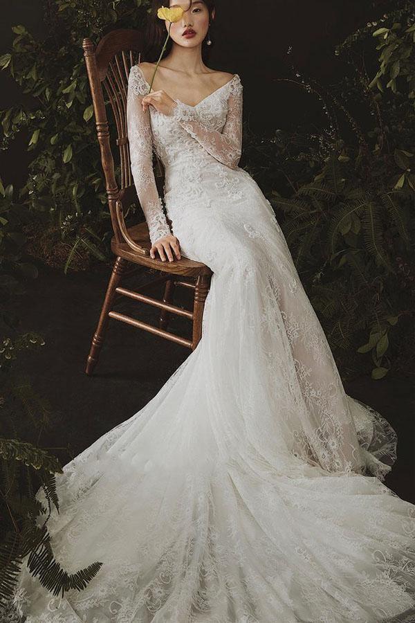 Long Sleeves Sheath Wedding Dresses Lace Appliqued Gowns TN236 - Tirdress