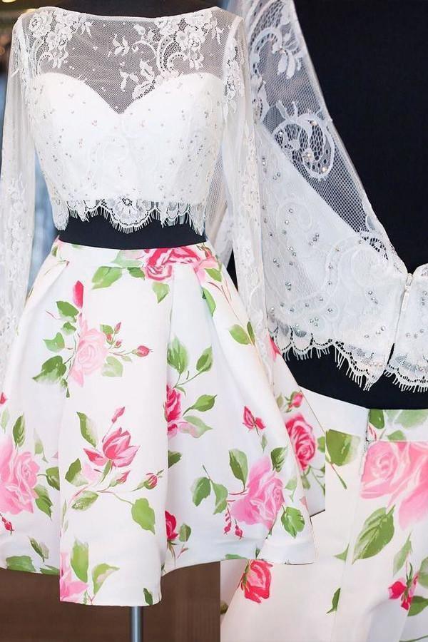 Long Sleeves Two Piece White Homecoming Dress Beading With Lace Print Flower TR0091 - Tirdress