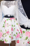Long Sleeves Two Piece White Homecoming Dress Beading With Lace Print Flower TR0091