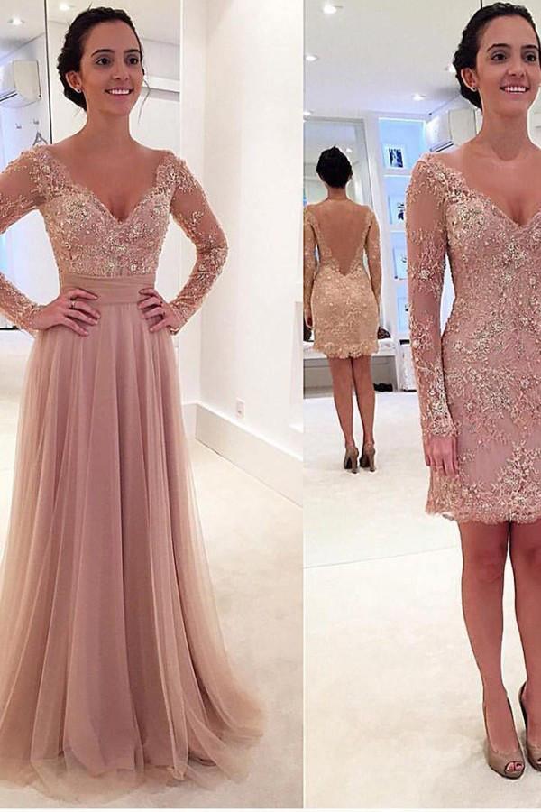 Long Sleeves V-neck Tulle Prom Dress with Detachable Train PG 237 - Tirdress