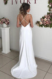 Long Straps Sheath V-Neck Ivory Wedding Dress with Slit TN288 - Tirdress