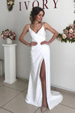 Long Straps Sheath V-Neck Ivory Wedding Dress with Slit TN288