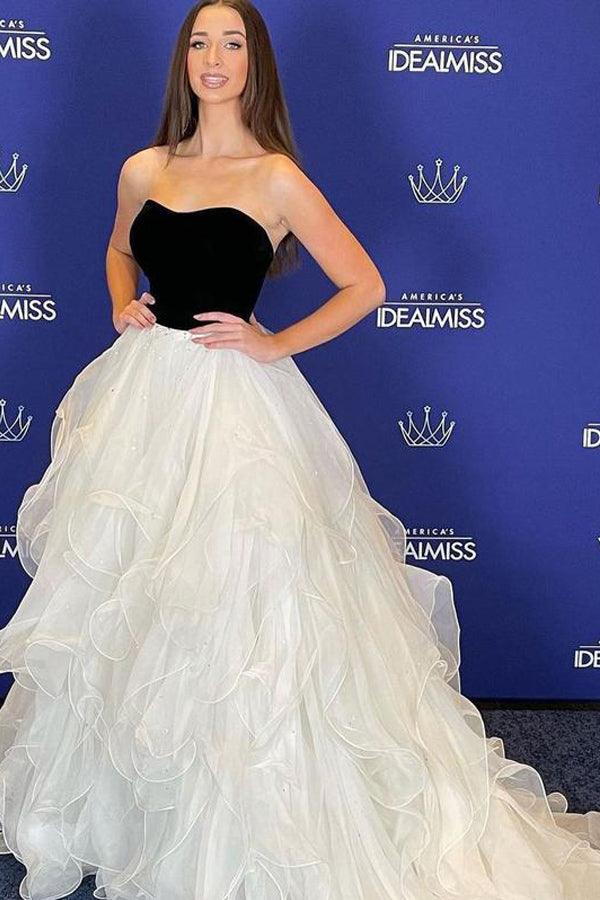 Long Tiered Tulle Strapless Neckline A-line Prom Dresses Formal Gowns TP1004 - Tirdress