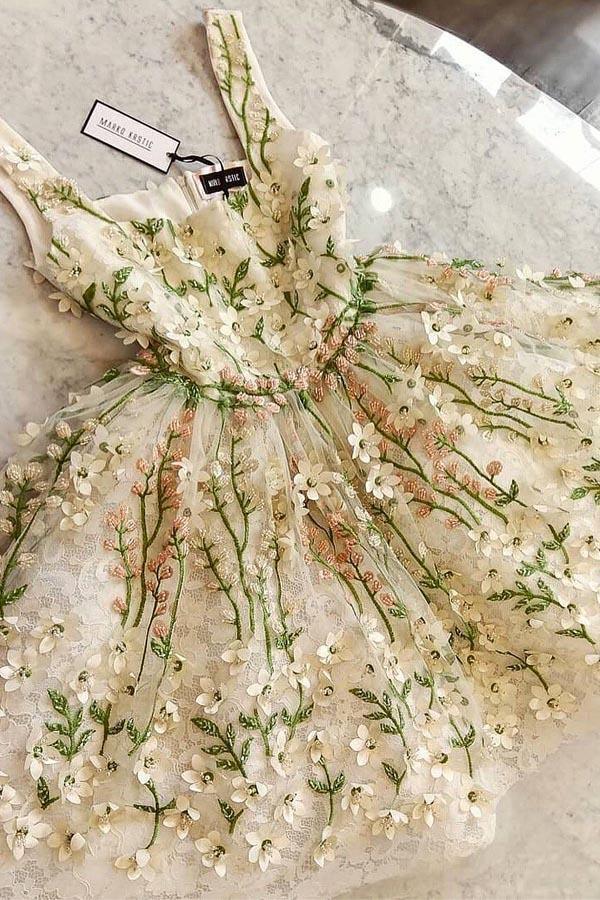 Gorgeous Flowers Straps Short Prom Dresses Homecoming Dresses