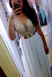 Luxurious A-line V-neck Floor Length Chiffon White Prom/Evening Dress with Beading TP0148 - Tirdress