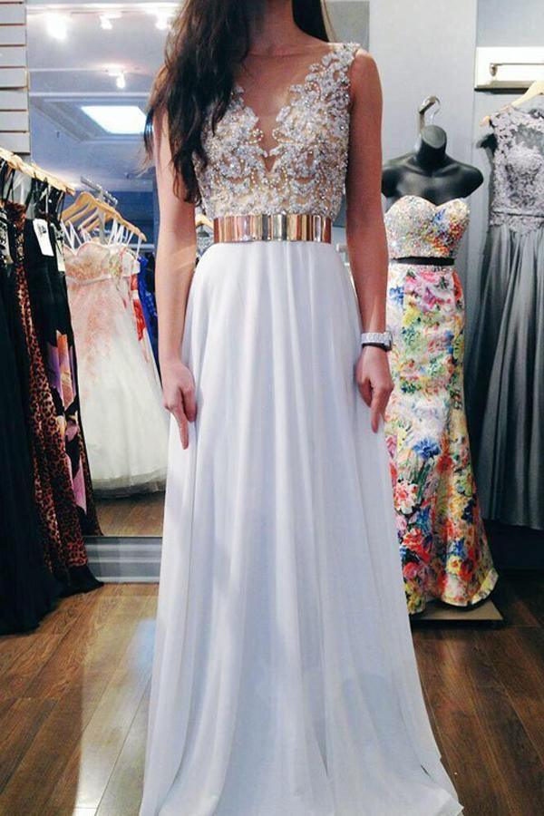 Luxurious A-line V-neck Floor Length Chiffon White Prom Dress US8 / Custom Color Luxurious A-line V-neck Floor Length Chiffon White Prom Dress US8 / Custom Color